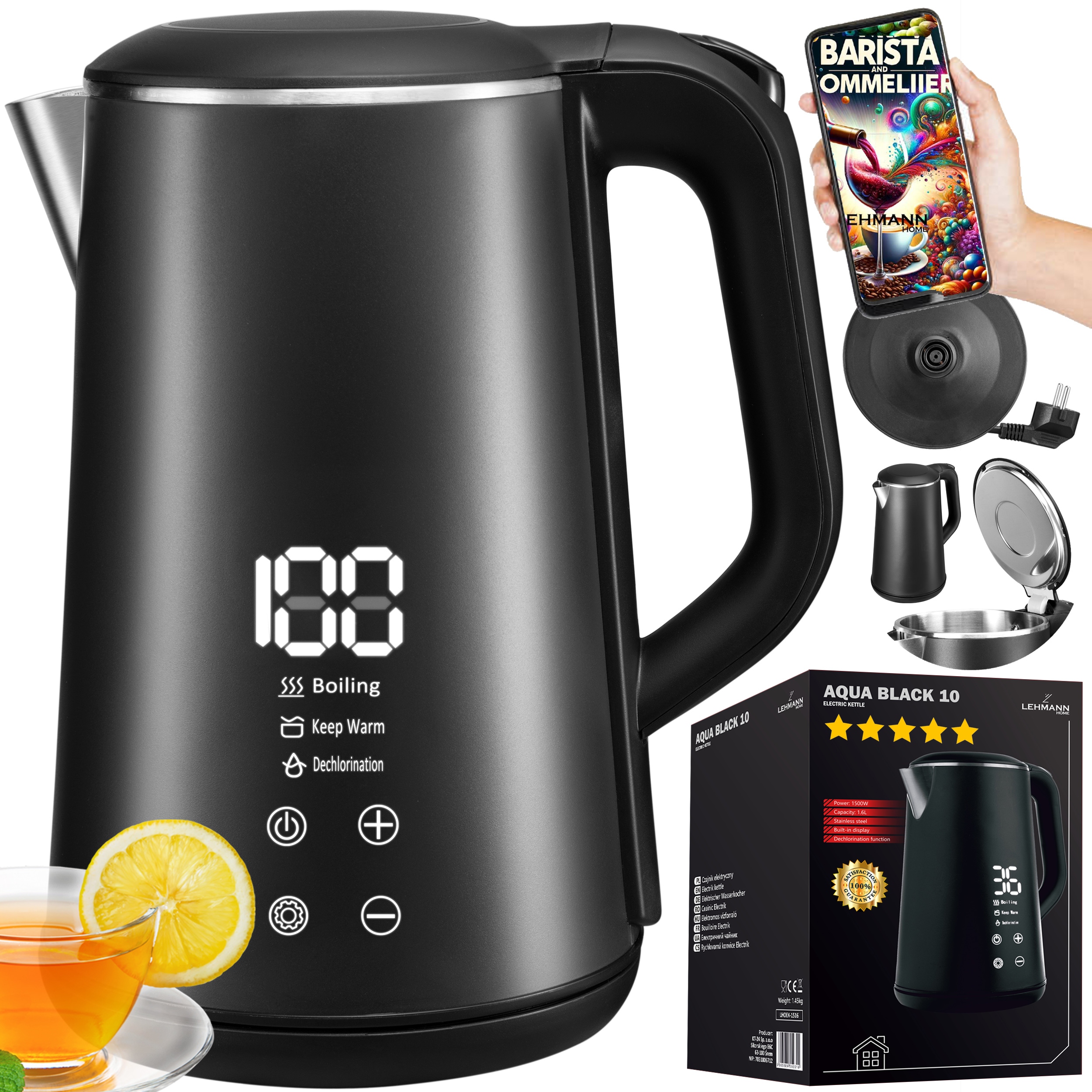 Lehmann Aqua Black 10 rýchlovarná kanvica 1500 W 1,6 l čierna
